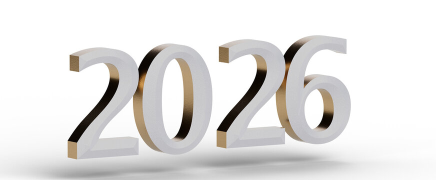 3D render of the year 2026 with metallic gold and silver numbers on white background, ideal for business and new year ce