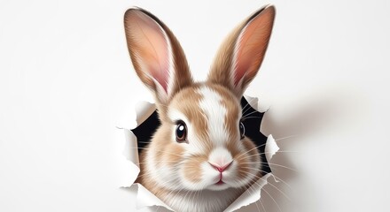 Fototapeta premium Easter bunny portrait peeking out from behind a white background with big ears and brown fur easter celebration concept