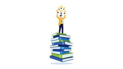Knowledge and Inspiration: A person stands atop a towering stack of books, reaching towards a cluster of glowing light bulbs, symbolizing the power of education and the generation of ideas.  © Abu