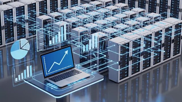 Server room data analytics with laptop displaying growth chart and pie chart visualizations representing big data processing and business intelligence