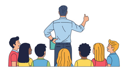 Leader Guiding Group: A confident leader stands before a group, his thumb raised high in a gesture of leadership, conveying guidance and assurance to those gathered before him. © Karima