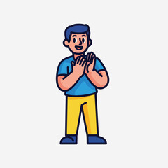 Fototapeta premium Cartoon man with hands together in prayer gesture standing on white background