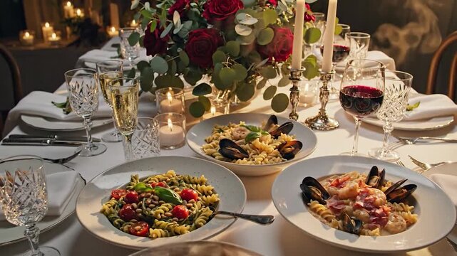 Elegant dinner table with gourmet pasta seafood dishes wine and candlelight setting
