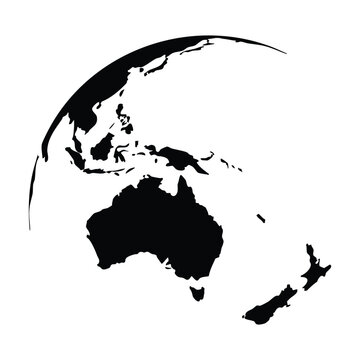 Black and White Oceania Earth Silhouette Featuring Australia, New Zealand and Pacific Region &ndash; Modern Vector Map Icon for Travel, Education, Digital Contents and Global Design Projects. 