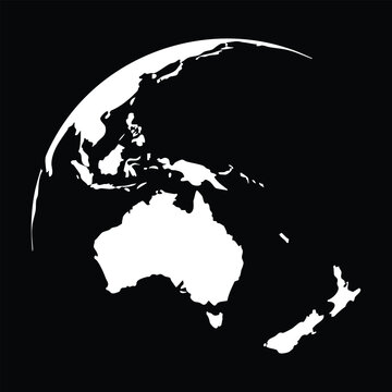 White Oceania Earth Silhouette on Black Background Featuring Australia, New Zealand and Pacific Region &ndash; Modern Vector Map Icon for Travel, Education, Digital Contents and Global Design Projects.