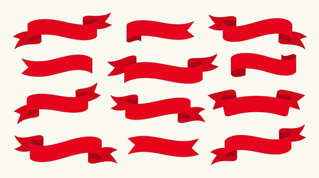 A collection of various red ribbon banners and decorative elements, perfect for graphic design, awards, or festive occasions.