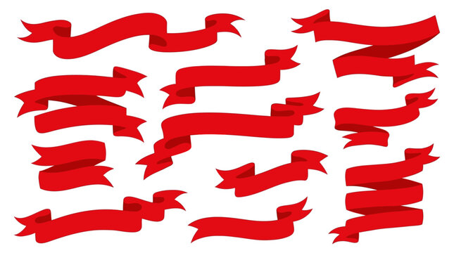 A collection of various red ribbon banners and scrolls in different shapes and styles, isolated on a white background, suitable for graphic design elements.