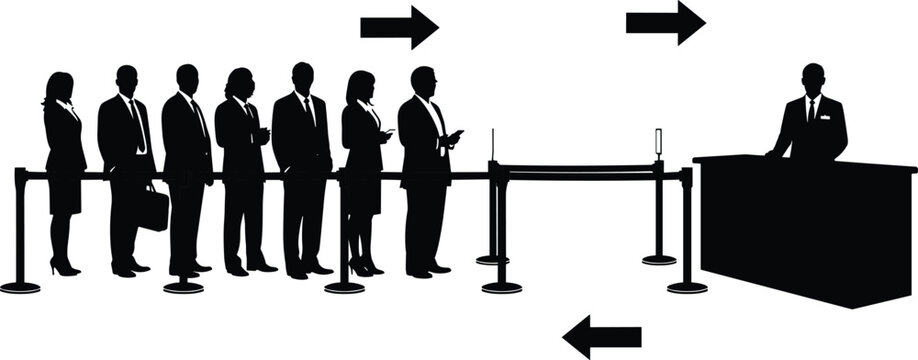 People waiting in line silhouettes set cad drawing flat vector illustration with business people, stanchions, counter, and arrows isolated on white.