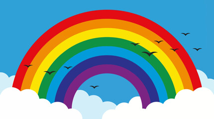 Fototapeta premium Vibrant rainbow arching across a clear blue sky with fluffy white clouds and several birds flying.