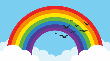 A vibrant rainbow with red, orange, yellow, green, blue, indigo, and violet colors arches across a bright blue sky with fluffy white clouds and flying bird silhouettes.
