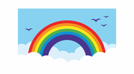 Fototapeta premium Colorful rainbow arching across a bright blue sky with fluffy white clouds and flying birds, a cheerful and vibrant scene.