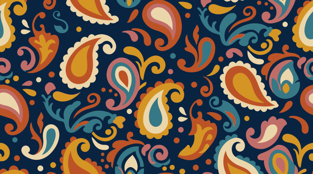 Vibrant retro paisley pattern with colorful teardrop shapes and swirls on a dark blue background, creating a bohemian and intricate design.