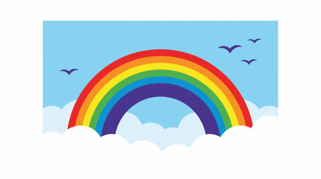 Colorful rainbow arching across a bright blue sky with fluffy white clouds and flying birds, a cheerful and vibrant scene.