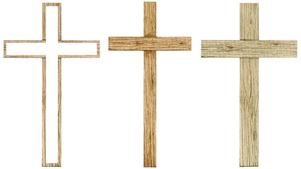Hand drawn watercolor set  Easter wooden cross. Religious symbol of Resurrection for greeting cards, invitations, and holiday designs. Isolated on a white background. © ElenaMedvedeva