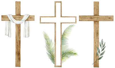 Naklejka premium Easter Watercolor Wooden Cross with Floral Decor. Religious symbol of Resurrection for greeting cards, invitations, and holiday designs. Isolated on a white background.