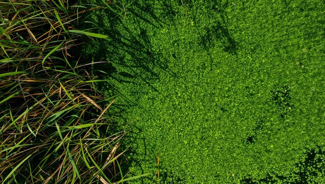 Covering shoreline, dense floating plant mat in sunlight while reeds showing small open water gaps