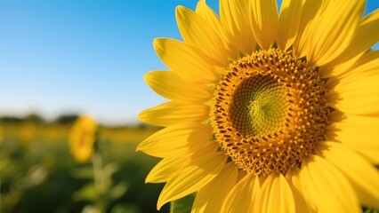 Fototapeta premium Vibrant sunflower close-up revealing its intricate pattern and radiant petals, capturing the essence of summer's warmth and natural beauty under a clear blue sky