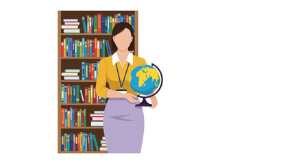 World of Wisdom: An educator, arm holding a globe, stands before a library filled with knowledge, embodying the essence of learning, education, and exploration. © Rokaiya