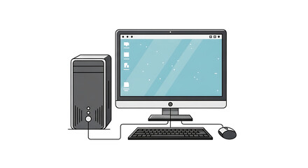 A modern computer setup ready for use, consisting of a monitor, tower, mouse, and keyboard. PNG, isolated on white background