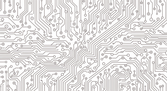 Abstract black and white electronic circuit board pattern, representing technology and connections.