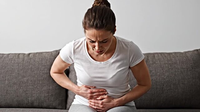 A young adult woman is captured in a moment of intense abdominal distress while seated on a comfortable gray couch in a bright, modern interior. Her hands are pressed firmly against her stomach, conve