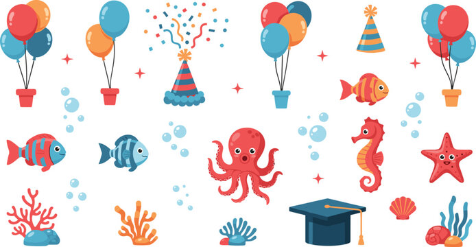 Under the sea graduation party vector set with cute octopus fish seahorse balloons and graduation cap for school celebration and nursery decor.
