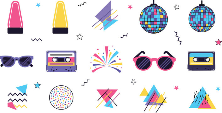 Retro eighties and nineties party element set with disco balls cassette tapes sunglasses and Memphis style geometric patterns for nostalgic vintage event designs.