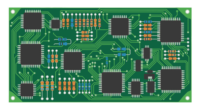 Detailed green electronic circuit board with microchips and components, illustrating advanced technology.