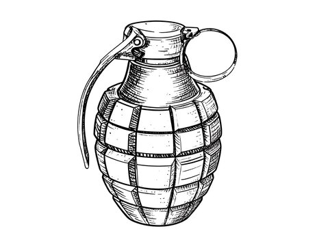 Hand drawn monochrome grenade with stacked segmented sphere shape, ring and pin