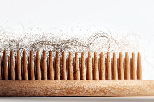 Macro Shot of Excessive Hair Loss on Wooden Comb: Scalp Health Concept