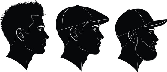 Male head profile silhouettes set with different hairstyles and caps, modern men side view portrait collection vector illustration © Mehedi