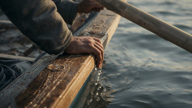 Resting hands in textured long-sleeve jacket touching wet gunwale at lake with oar and droplets