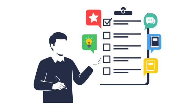 Taskmaster's Checklist: A focused individual outlines a plan on a comprehensive checklist. with icons representing tasks and idea.
