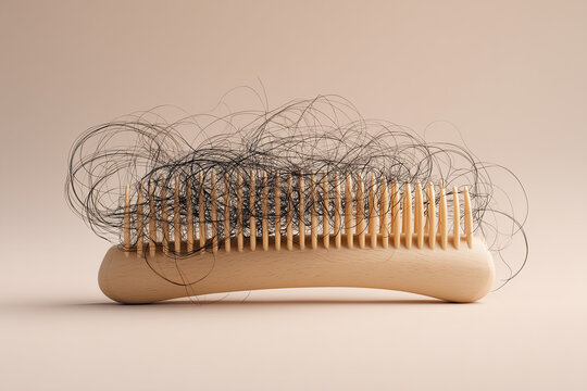 Macro Shot of Excessive Hair Loss on Wooden Comb: Scalp Health Concept
