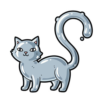 Cartoonish gray cat with a long curved tail and pink nose