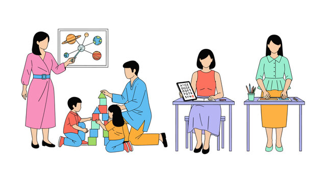 Playful Learning Environment: A collection of diverse individuals, including a teacher and children, actively engaged in a stimulating educational setting.