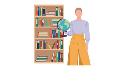Knowledge in Hand: A woman holding a globe stands beside a bookshelf brimming with knowledge, representing learning and exploration. A testament to the power of wisdom and exploration. © Rahimatul