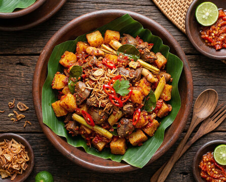 Traditional Indonesian Sambal Goreng Kentang Ati, Spicy Stir Fried Crispy Potato and Chicken Liver with Red Chili Sambal, Lemongrass, Kaffir Lime Leaves and Crispy Shallots in Clay Bowl on Banana Leaf