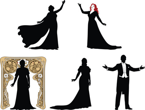 Opera singer and conductor silhouettes set, classical music performance characters vector illustration, elegant stage performers isolated on white background