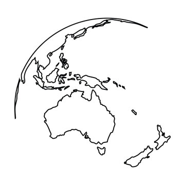Black and White Line‑Art Earth Map Featuring Australia, New Zealand and Pacific Region &ndash; Vector Outline for Travel, Education, Digital Contents and Global Design Projects.