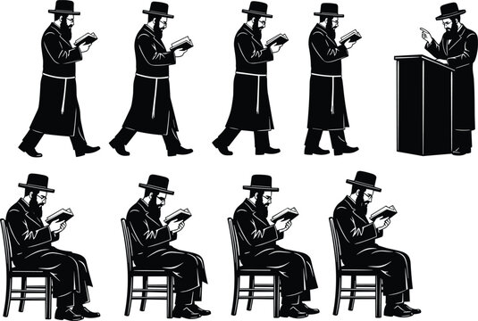 Orthodox Jewish rabbi reading Torah silhouettes, Hasidic man praying, religious study poses, Jewish culture tradition, black silhouette illustration set