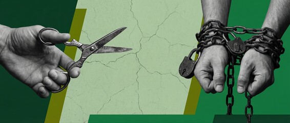 Fototapeta premium Conceptual collage of hands with scissors and chains representing the struggle for freedom and liberation.