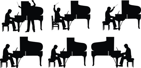 Pianist silhouette collection, grand piano performance, classical musician playing piano, conductor directing music, piano recital practice, orchestra rehearsal illustration set © Mehedi