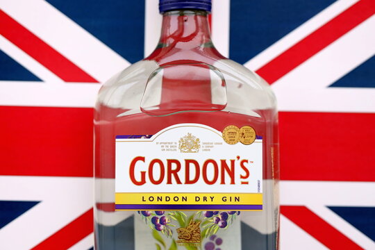 KYIV, UKRAINE - JANUARY 20, 2026 Gordons London Dry Gin bottle with focus on title sticker and logotype on front part