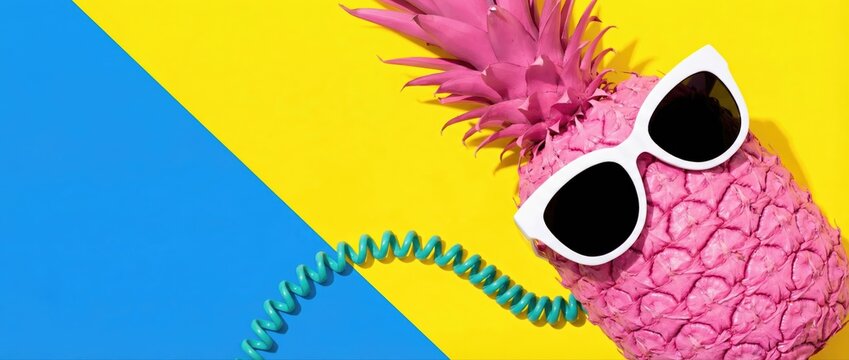 Creative summer vacation concept with pink painted pineapple wearing sunglasses on vibrant yellow and blue background.