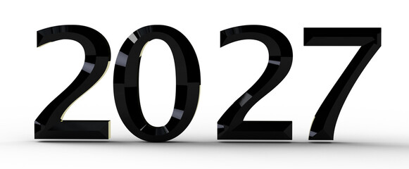 A striking 3D rendering of the year 2027 in glossy black numbers against a clean white backdrop, ideal for future-themed © vegefox.com