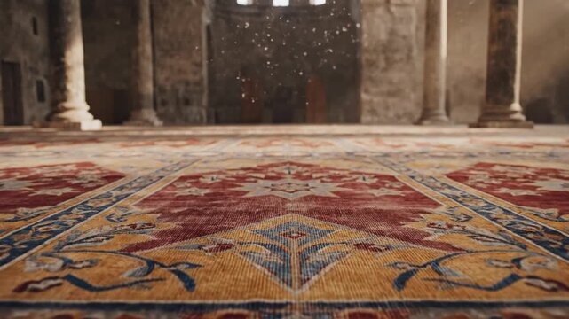 A captivating low-angle shot showcases the intricate patterns of a richly colored, ornate carpet, stretching across the floor towards a vast, dimly lit interior. Sunlight streams through high windows,
