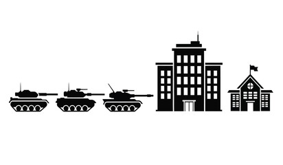 Naklejka premium Black silhouette icons of three military tanks approaching a tall office building and a school