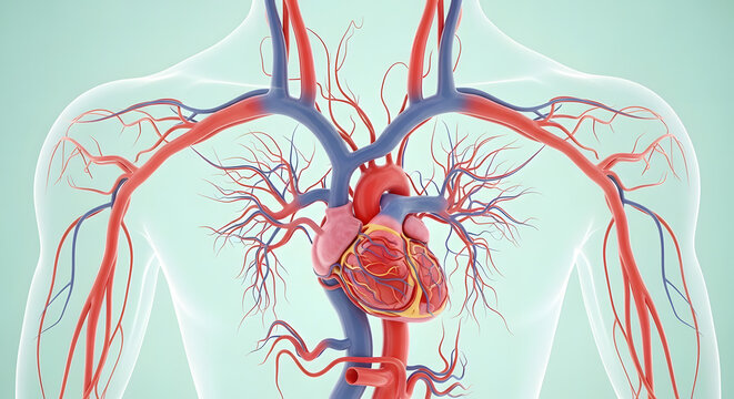 Anatomical Illustration of Human Heart and Major Blood Vessels in Transparent Male Torso. Detailed 3D anatomical illustration of the human heart and the major arteries and veins of the circulatory