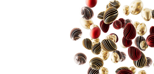 Stylish 3D rendered abstract background features floating decorated Easter eggs in various colors and textures, perfect